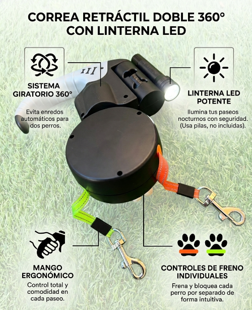 "Correa Retráctil Doble 360° con Linterna LED"